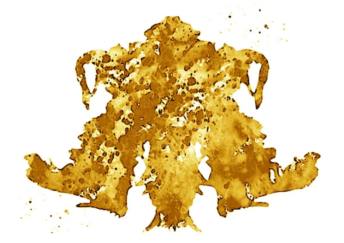 Symmetrical abstract brown inkblot on white background resembling a creature with horns and outstretched arms.