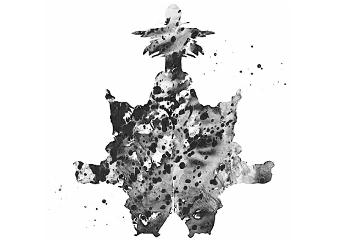 Black and gray inkblot symmetrical abstract shape on a white background.