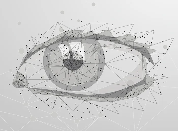 Abstract geometric representation of a human eye composed of interconnected black dots and lines on a light gray background.