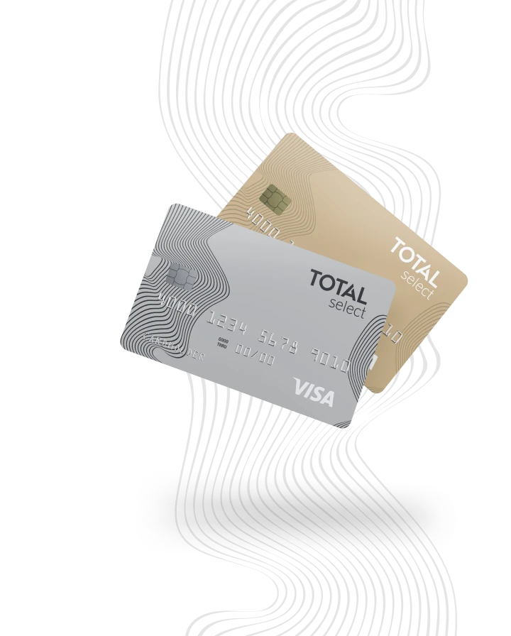 Two TOTAL select credit cards, one silver and one gold, with a modern curved line design and Visa logo on the silver card.