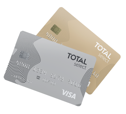 Two overlapping Total Select Visa credit cards, one gold and one silver, shown at an angle.