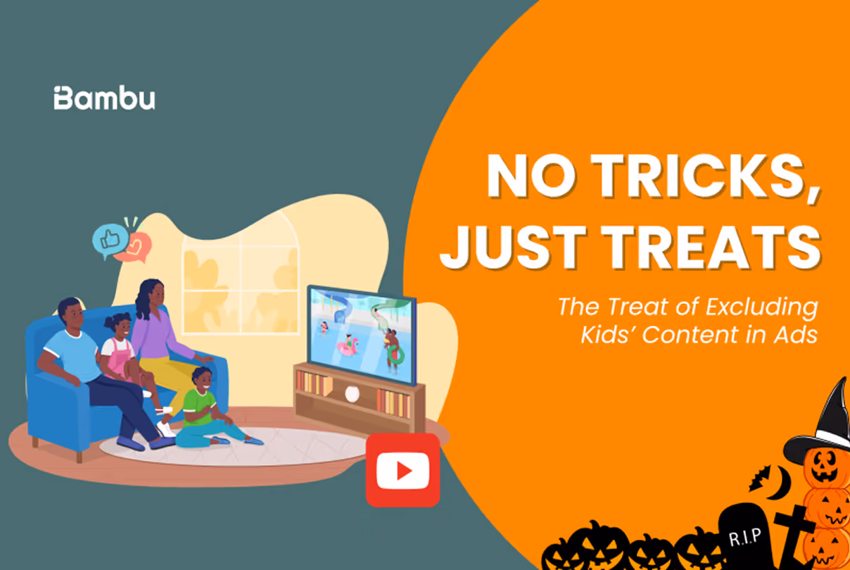 Illustration of a family watching TV with Halloween pumpkins and the text 'No Tricks, Just Treats: The Treat of Excluding Kids' Content in Ads.'