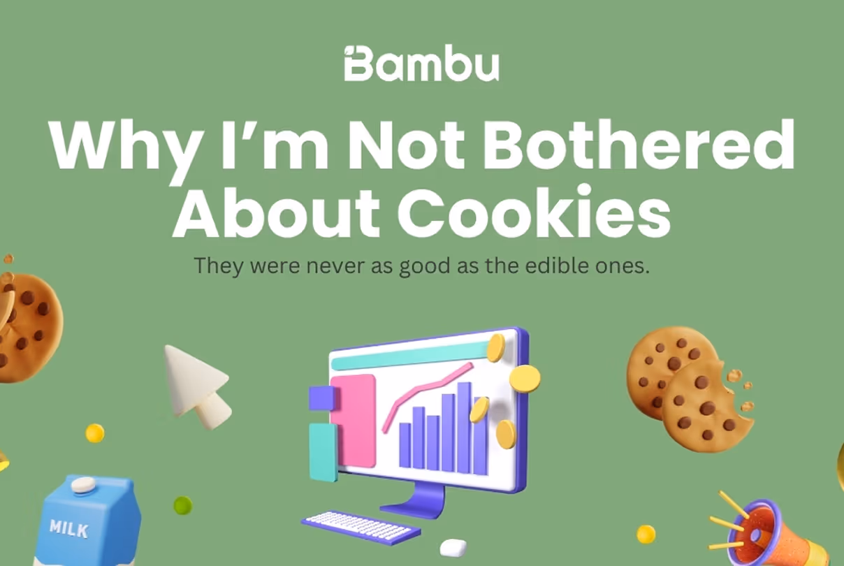 Graphic with the text 'Why I'm Not Bothered About Cookies' along with a computer monitor displaying a bar chart, chocolate chip cookies, a carton of milk, and a cursor on a green background.