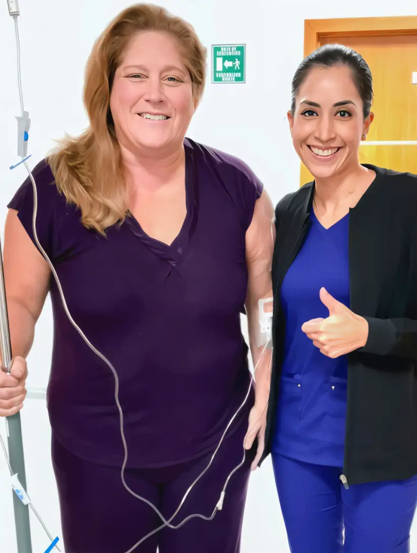 Dr. Sandy Martinez standing with a smiling patient shortly after bariatric surgery. A thumbs-up celebrating a safe and quick recovery in a modern medical setting.