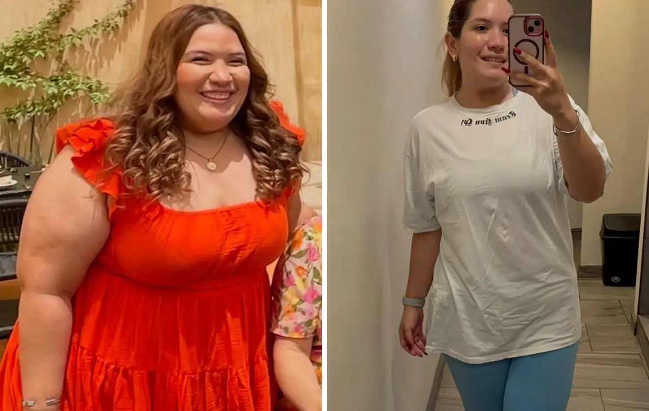Side-by-side photos showing a woman before and after weight loss; on the left she wears a bright orange dress and on the right she wears a white t-shirt and blue pants taking a mirror selfie.