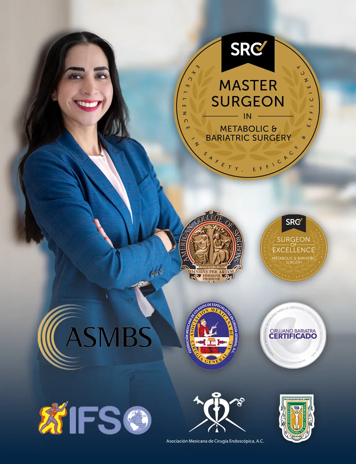 Dr. Sandy Martinez, certified bariatric surgeon in Tijuana, smiling in a blue suit with SRC Master Surgeon, ASMBS, and IFSO medical certification badges.