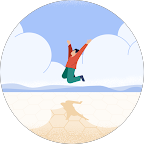 Illustration of a person joyfully jumping on dry, cracked ground with blue sky and clouds in the background.