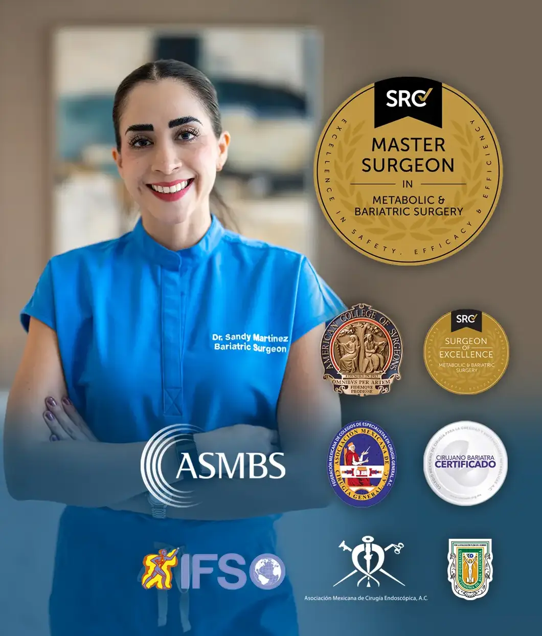 Dr. Sandy Martinez displaying her bariatric surgery certifications and credentials in Tijuana, Mexico