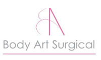 Logo for Body Art Surgical with stylized letters 'BA' and text below a pink horizontal line.