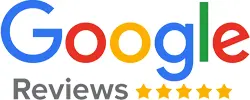 Google logo above the word 'Reviews' and five yellow stars rating.