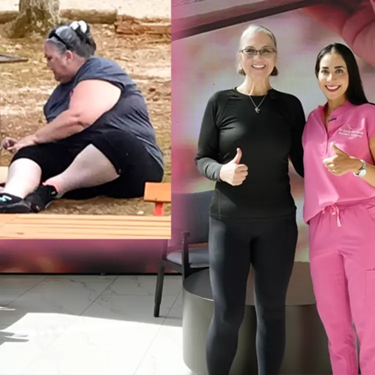 Two women standing and smiling with thumbs up; one is dressed in black activewear, the other in pink medical scrubs, with a large photo of a person sitting on the ground in the background.
