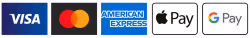 Logos of accepted payment methods: Visa, Mastercard, American Express, Apple Pay, and Google Pay.