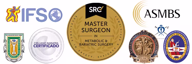 Collection of medical and surgical certification logos including IFSO, SRC Master Surgeon in Metabolic & Bariatric Surgery, ASMBS, and several Latin American medical associations.