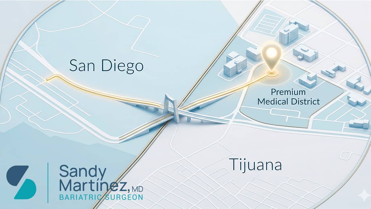 Map showing a route from San Diego to the Premium Medical District in Tijuana with a highlighted path and location marker.
