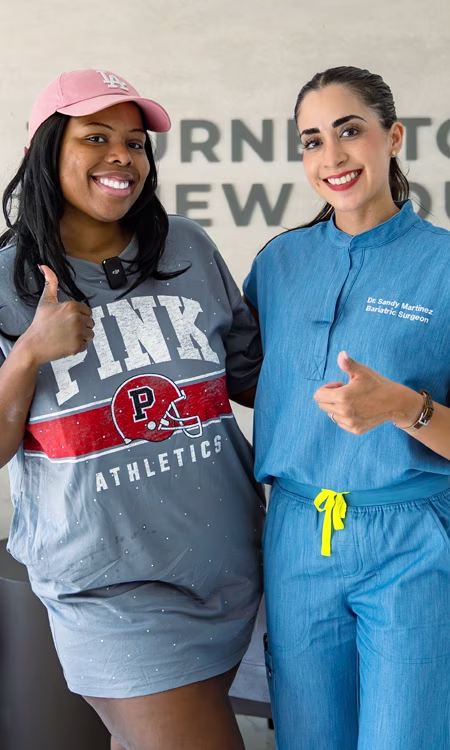 "Dr. Sandy Martinez and a happy bariatric patient giving a thumbs up at Cornerstone Bariatrics clinic in Tijuana.