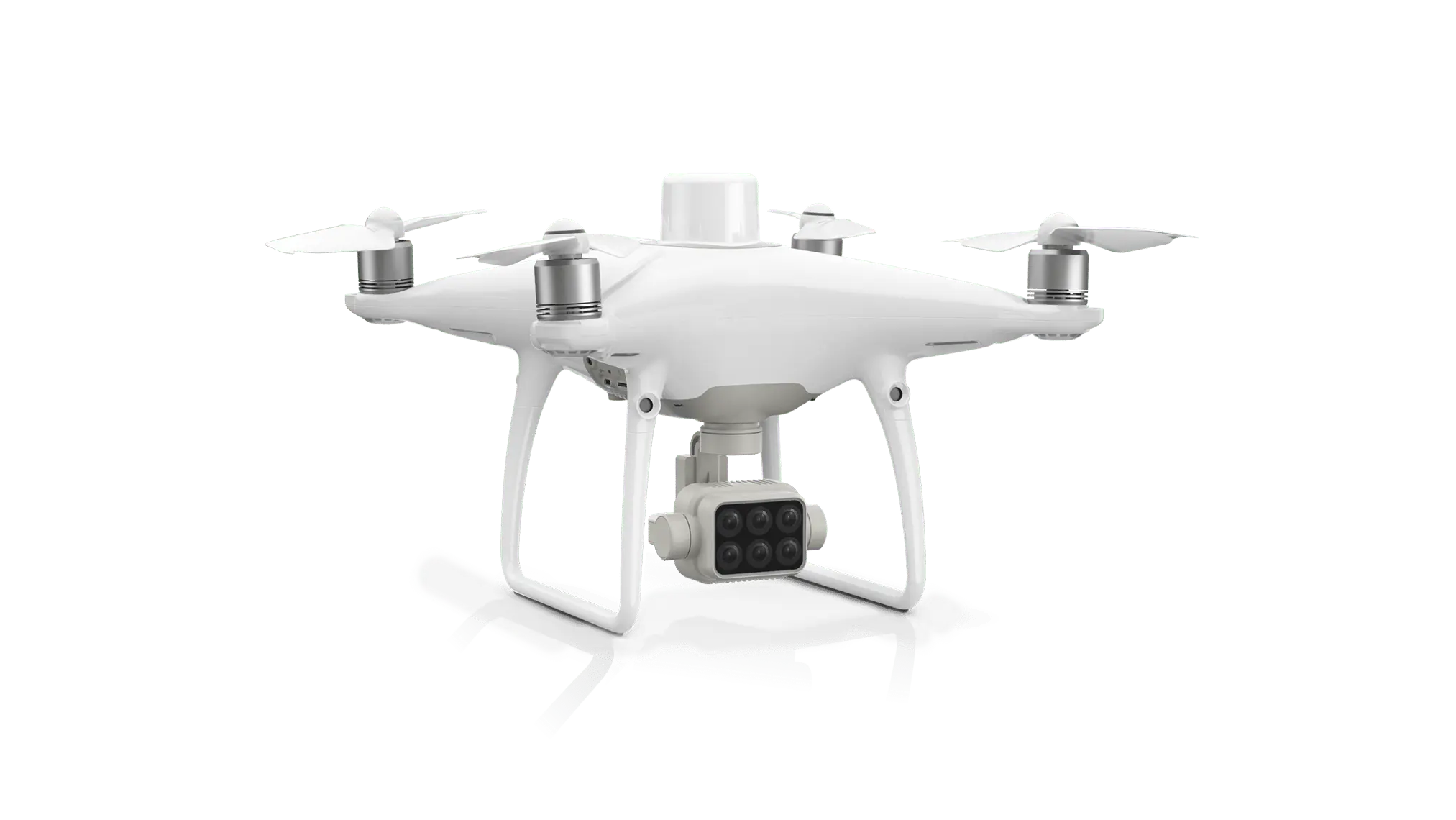 Phantom 4 Multispectral white quadcopter drone with six-lens multispectral camera mounted underneath.