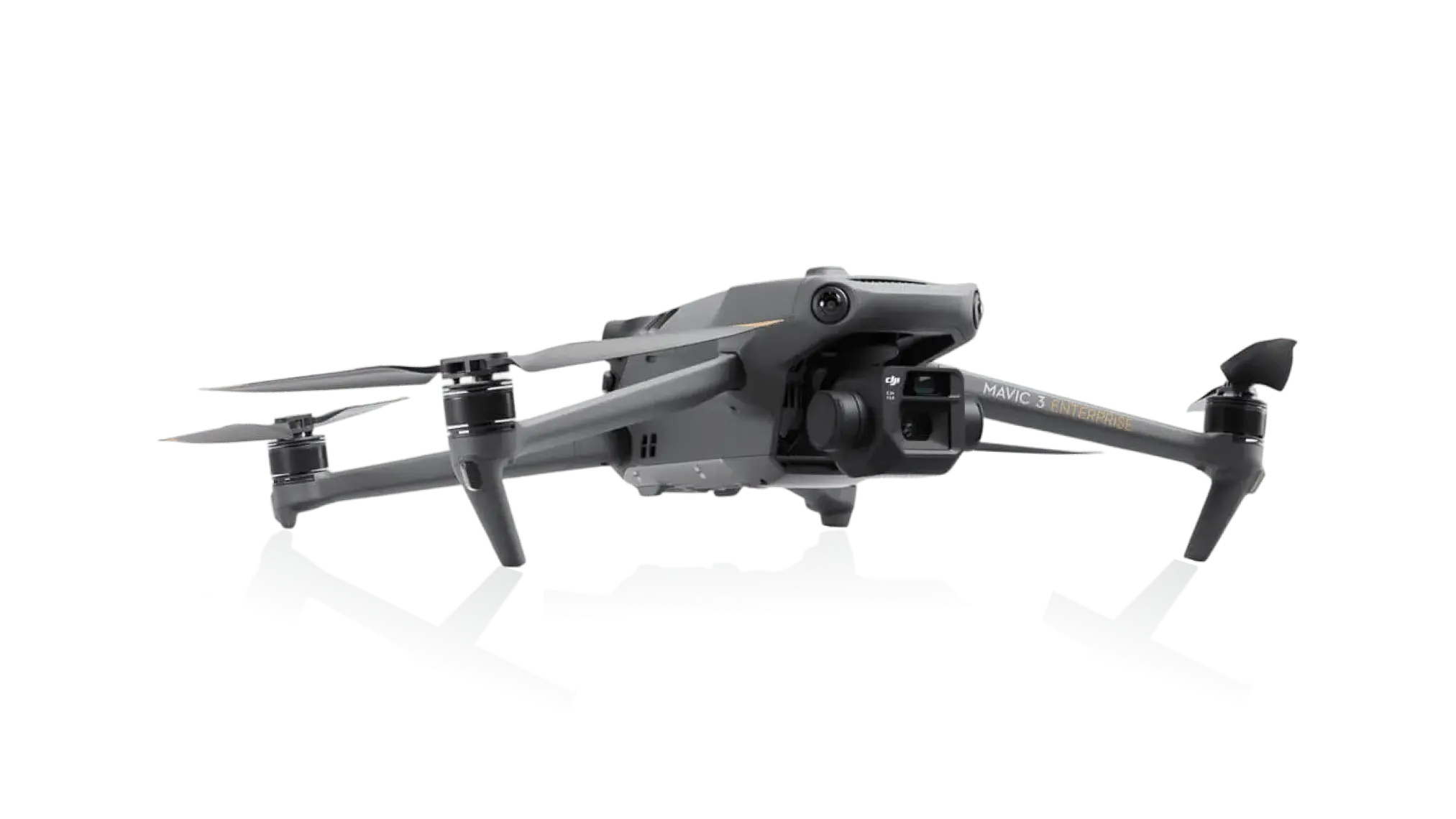 Gray DJI Mavic 3 Enterprise drone with four propellers and front camera, shown from a low front angle.