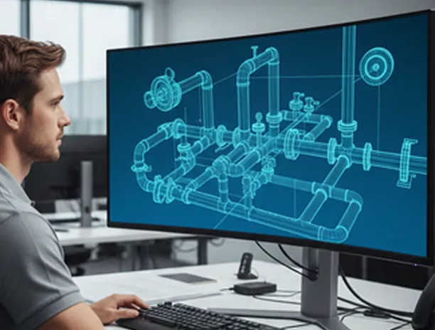 Man working at a computer displaying a 3D blueprint of interconnected pipes and valves.