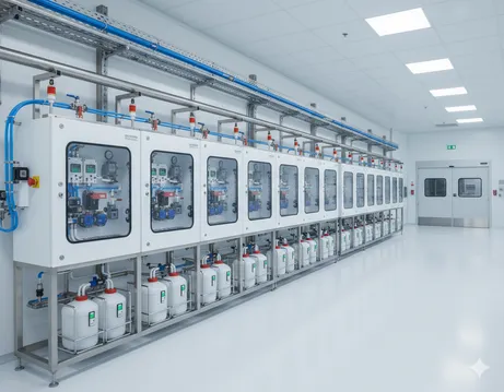 Long row of white industrial gas control panels with tanks underneath in a clean, brightly lit room.