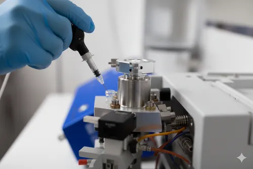 Gloved hand holding a syringe dispensing liquid into a small vial on a laboratory instrument.