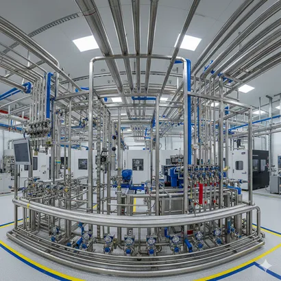 Industrial processing room with interconnected stainless steel pipes, valves, and control panels under bright ceiling lights.
