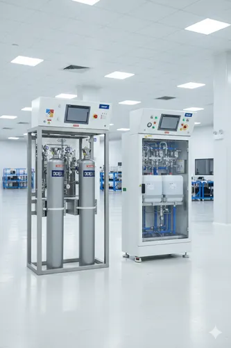 Two industrial machines with control panels and cylindrical tanks in a clean, bright factory setting.