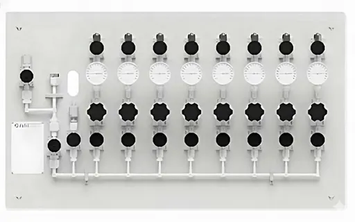 Panel with eight vertical flow meters and control knobs mounted on a gray board connected by white pipes.
