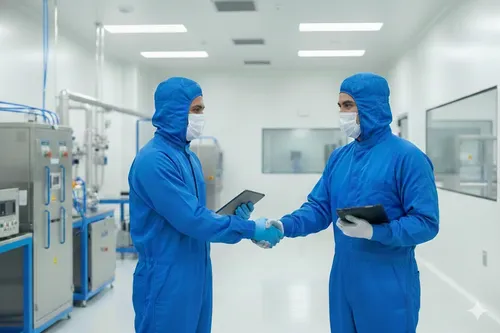 Two workers in blue cleanroom suits and masks shaking hands inside a sterile industrial facility.