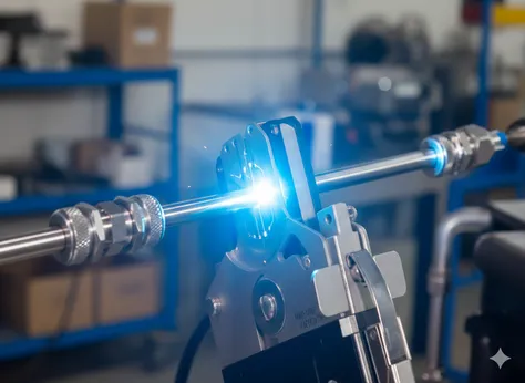 Close-up of a welding process on a metal rod in a workshop with machinery in the background.