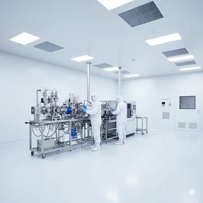 Two people in white protective suits operating stainless steel machinery in a clean, white laboratory room.
