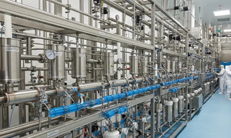 Interior of a sterile industrial processing facility with stainless steel pipes, valves, and pressure gauges, and workers in protective suits.