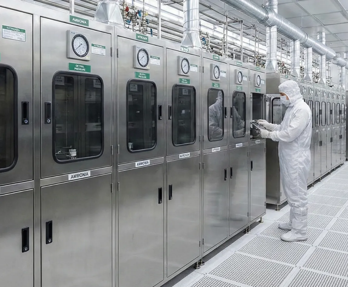 Person in white protective suit and mask operating a control panel in a cleanroom with stainless steel machinery and gauges labeled with gases like ammonia and nitrogen.
