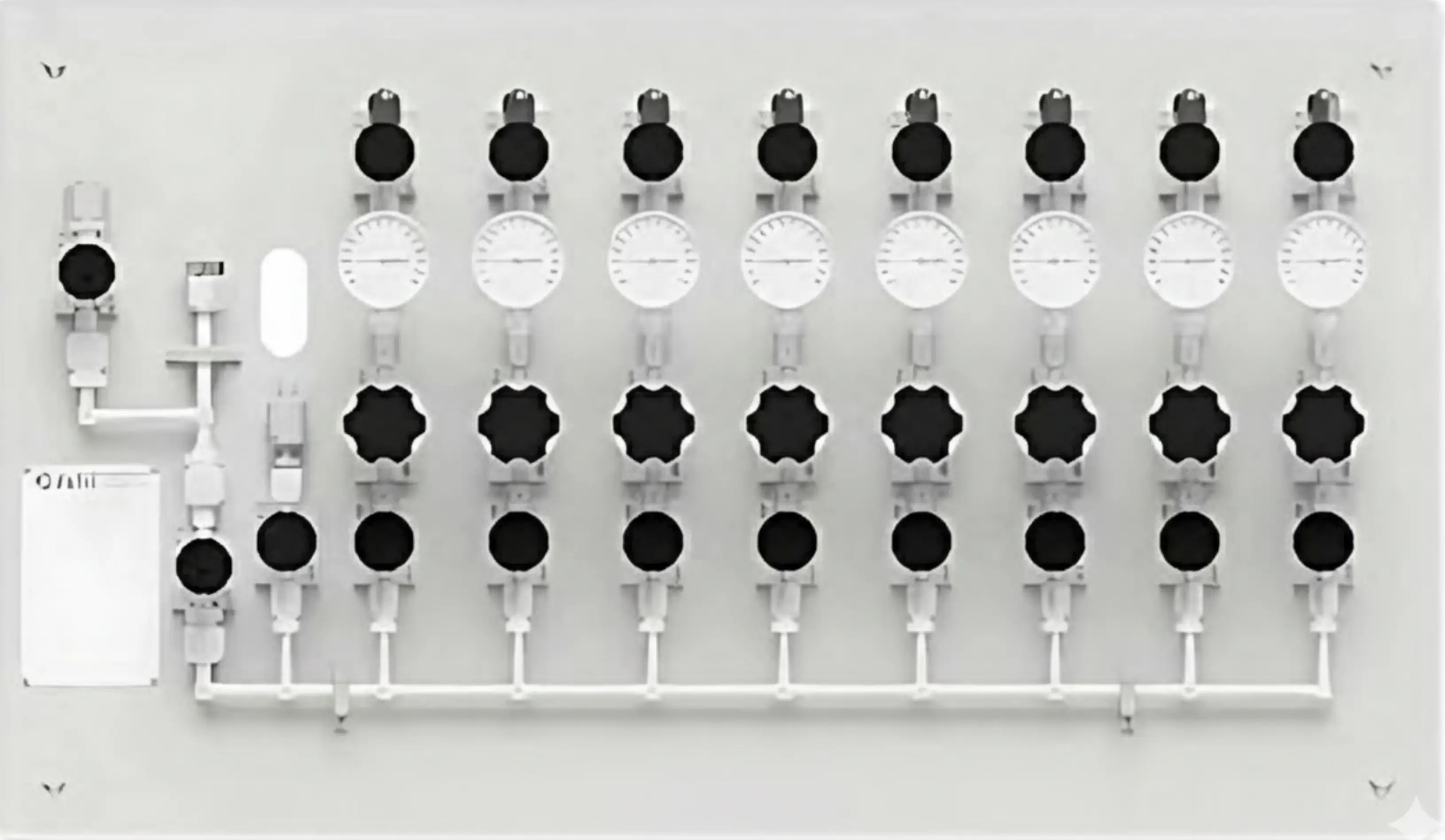 White panel with eight dial gauges and multiple black knobs and valves connected by white pipes.