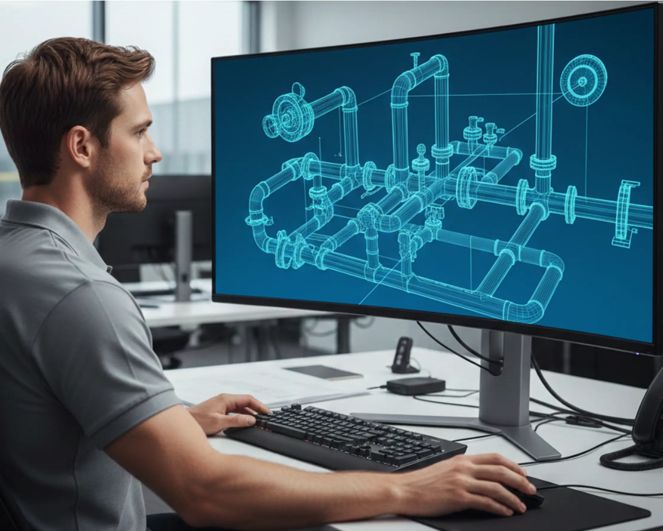 Man working on a computer displaying a 3D blueprint of interconnected pipes.