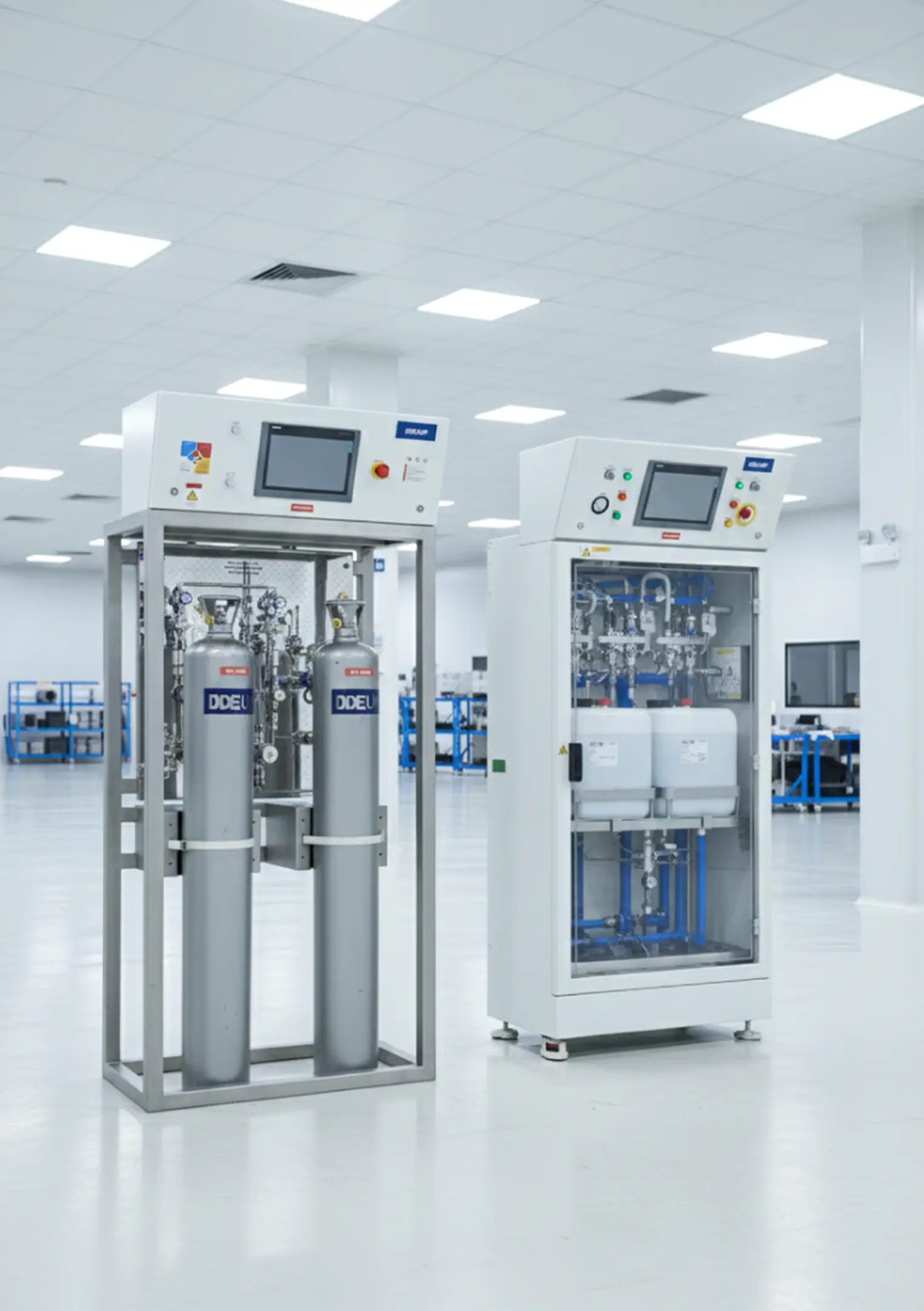 Two industrial gas control systems with digital displays in a clean, spacious laboratory setting.