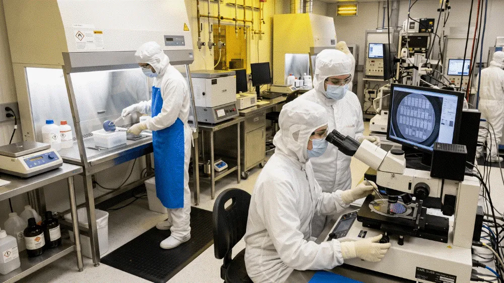 A group of people in white suits working in a lab.