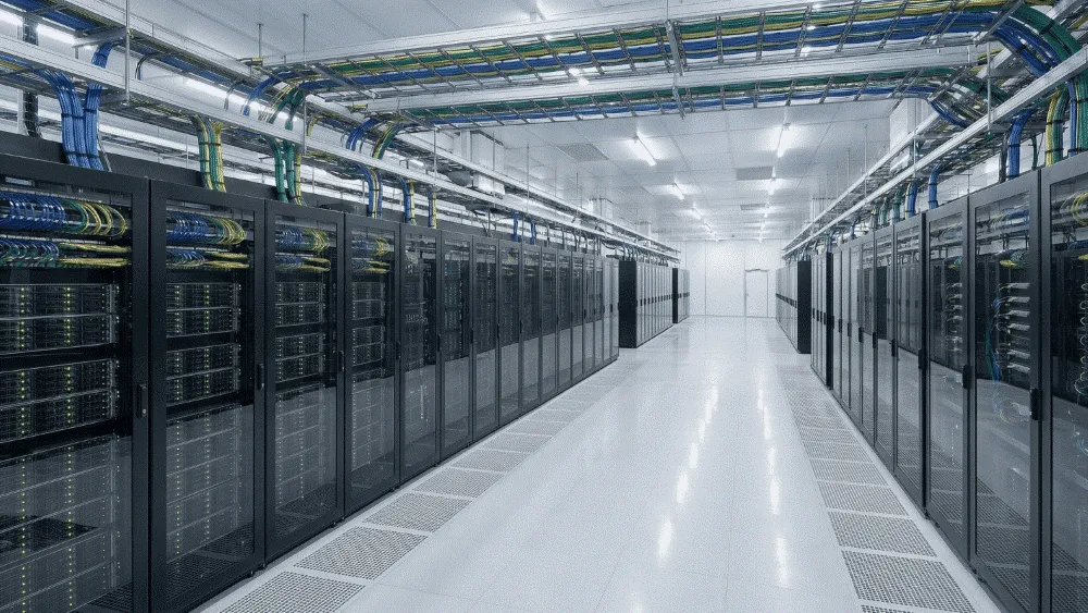 Rows of servers in a large data center.