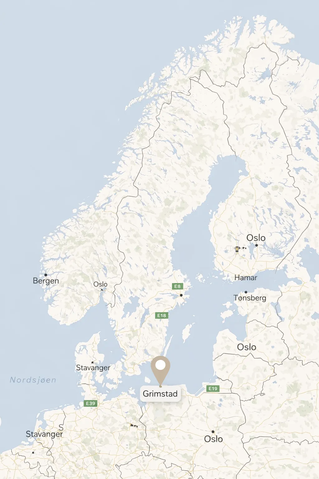 Map of southern Scandinavia highlighting the town of Grimstad near the southern coast of Norway, with nearby cities like Oslo, Bergen, and Stavanger labeled.