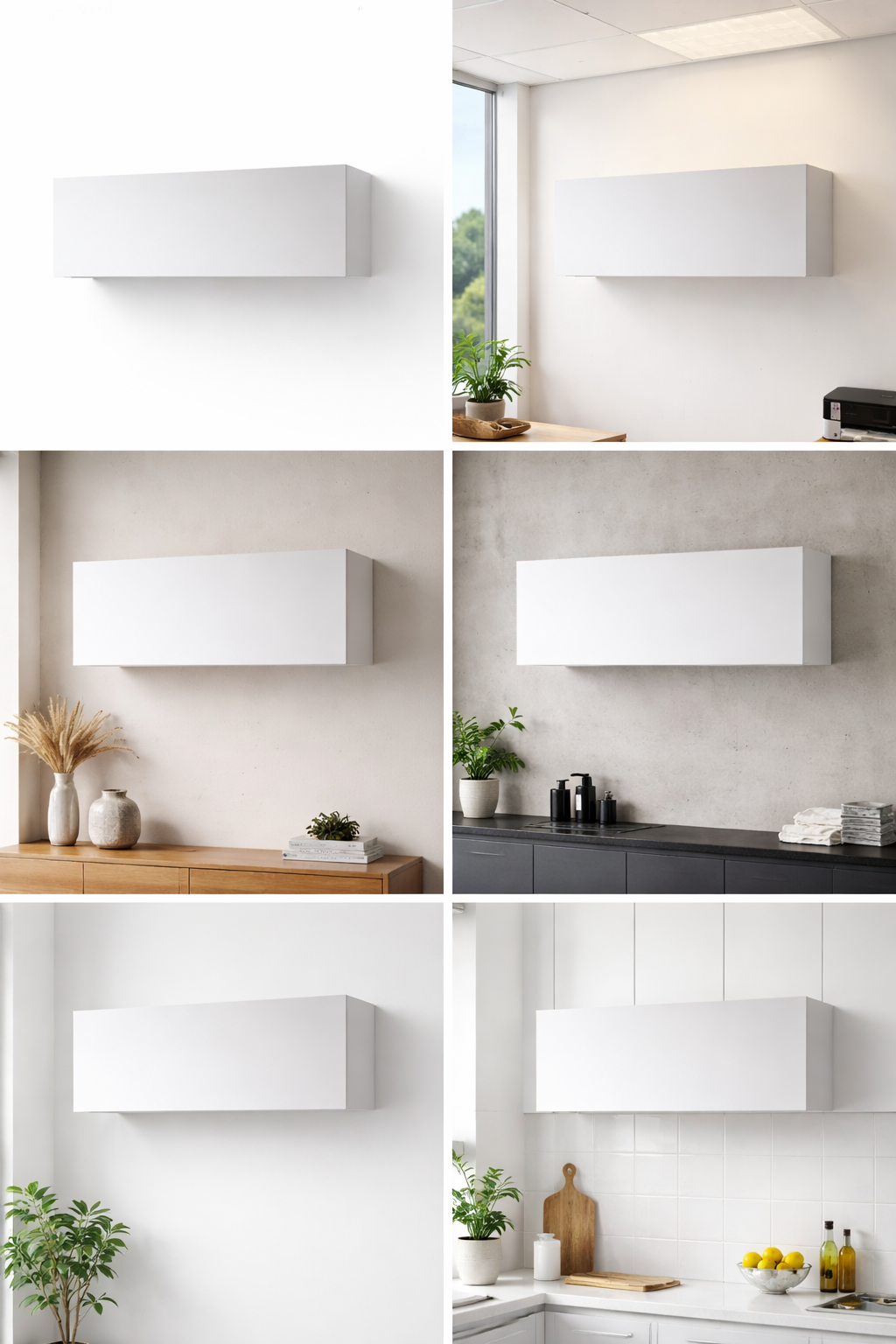 Collage of six white modern wall-mounted cabinets in different minimalist room settings with plants and decor.