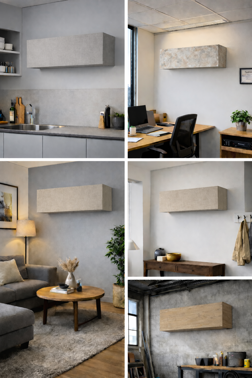 Collage of five modern indoor spaces each featuring a different rectangular wall-mounted cabinet in various colors and textures.