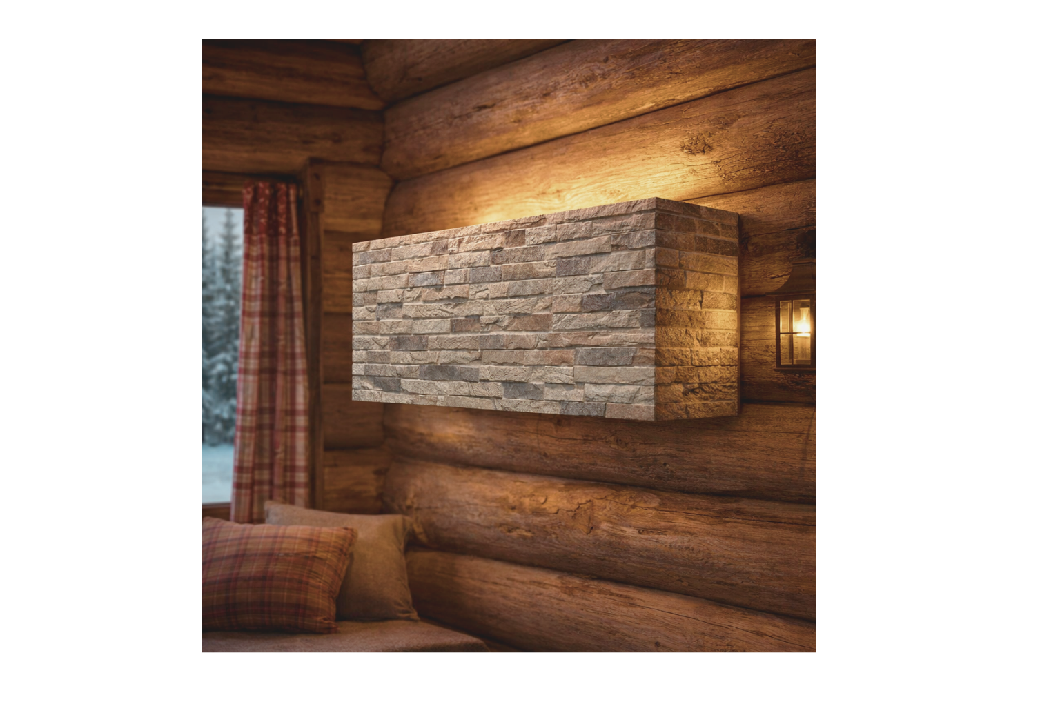 Cozy log cabin interior with stone-clad wall heater, plaid cushions on sofa, and a lit lantern sconce on wooden wall.