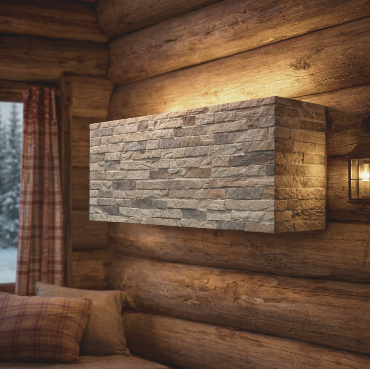 Rustic log cabin wall with stone-faced rectangular wall-mounted heater and plaid cushions on a sofa.