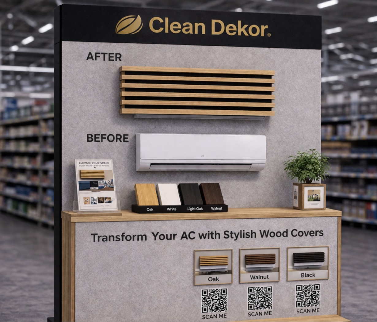 Display showing AC unit before and after with a wooden cover and wood samples Oak, White, Light Oak, Walnut.