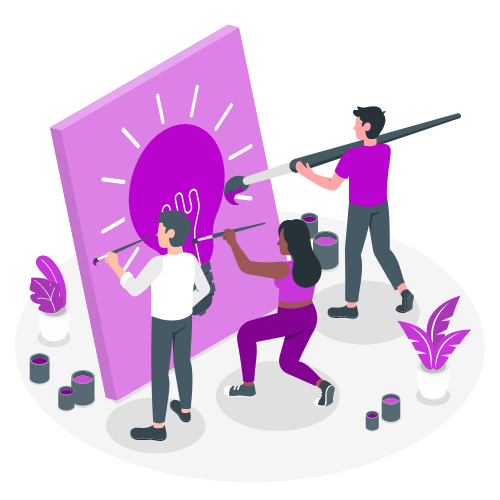 Three people collaboratively painting a large purple lightbulb on a vertical canvas surrounded by paint cans and potted plants.