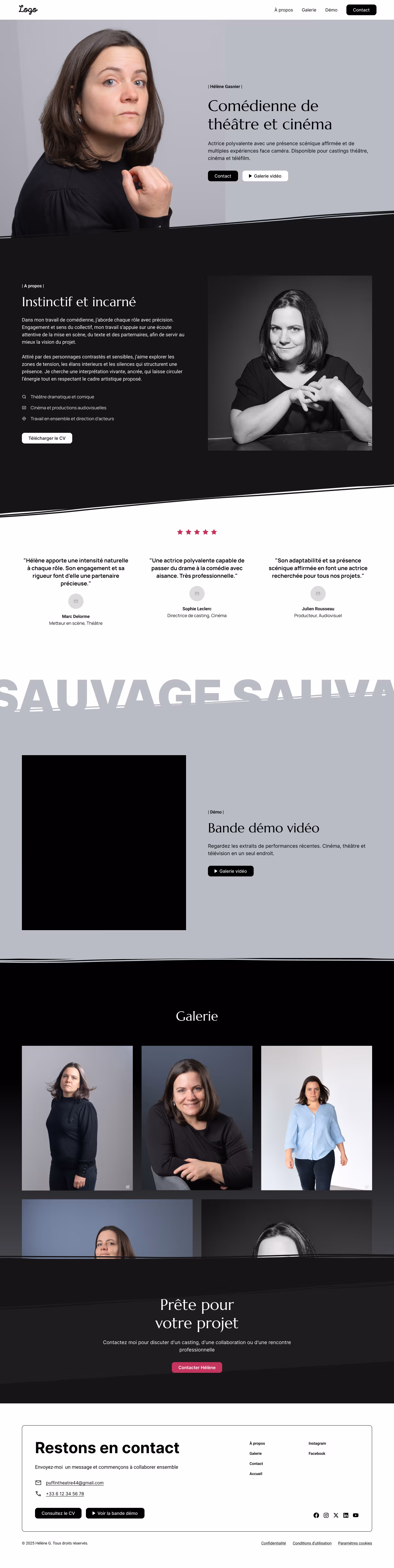 Portrait of a woman with medium-length brown hair wearing a black top, with confident expressions, presented in a professional acting portfolio layout.