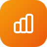 White bar chart icon with three ascending bars inside an orange rounded square background.