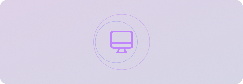 Purple background with a white computer monitor icon inside two concentric circles.