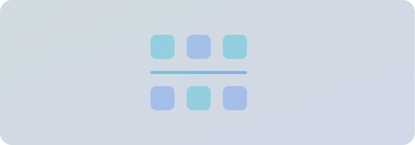 Abstract design of six rounded squares in teal and blue with a horizontal line between two rows on a blue gradient background.