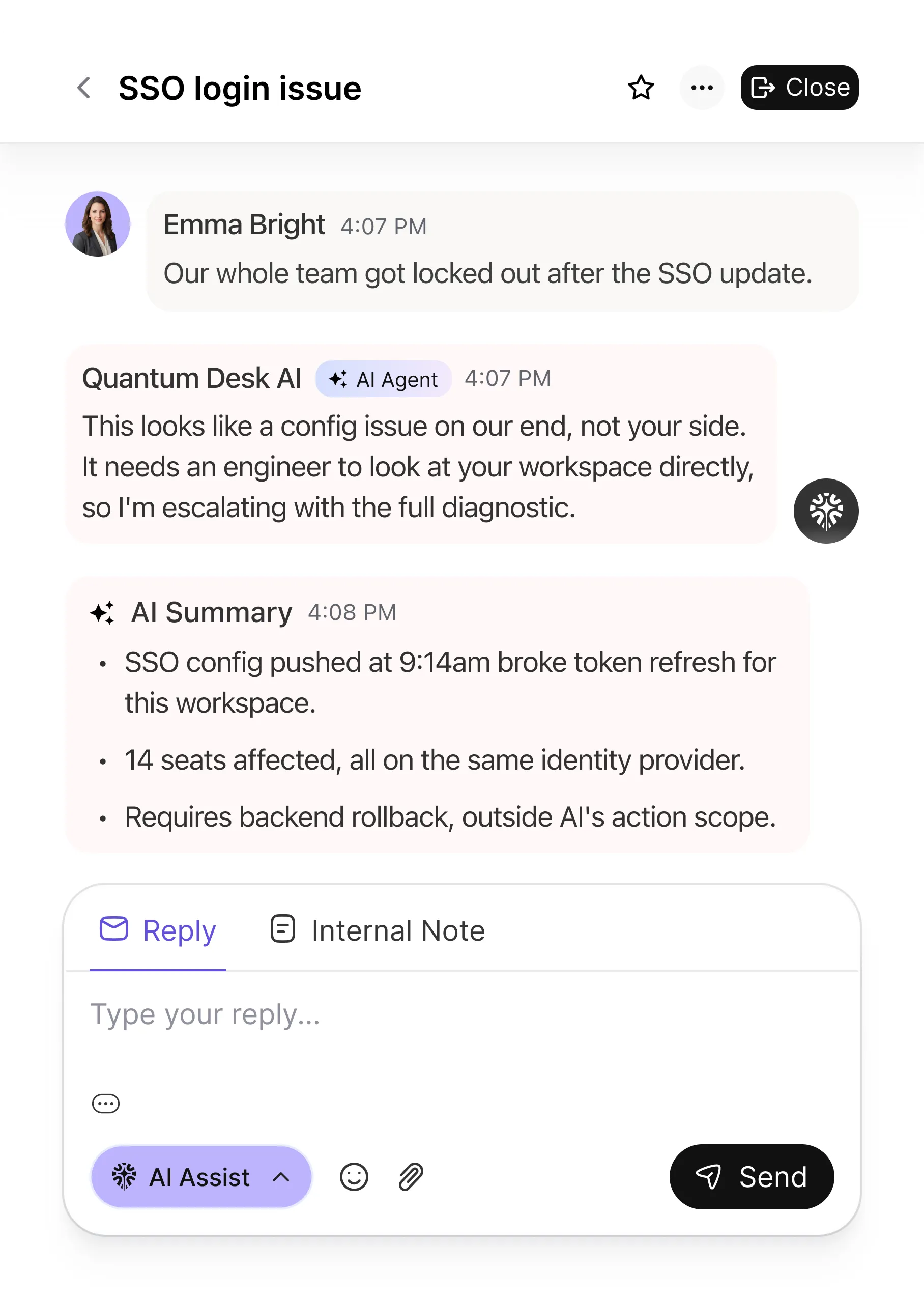 Chat about SSO login issue showing user locked out and AI agent explaining a backend config problem.