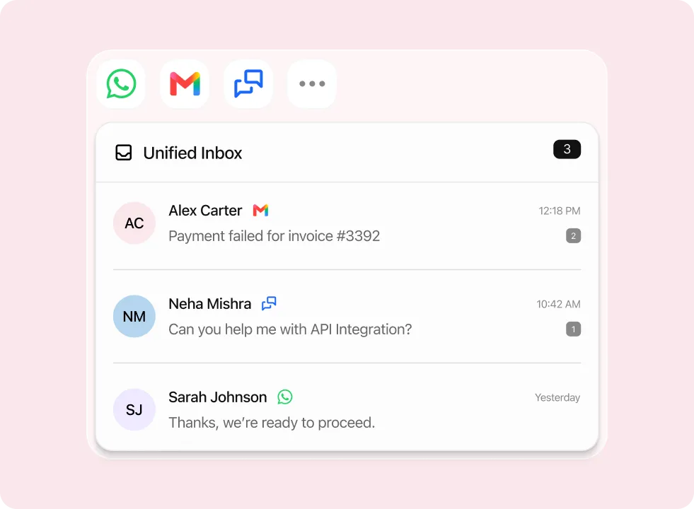Unified inbox showing messages from Alex Carter, Neha Mishra, and Sarah Johnson with timestamps and app icons.